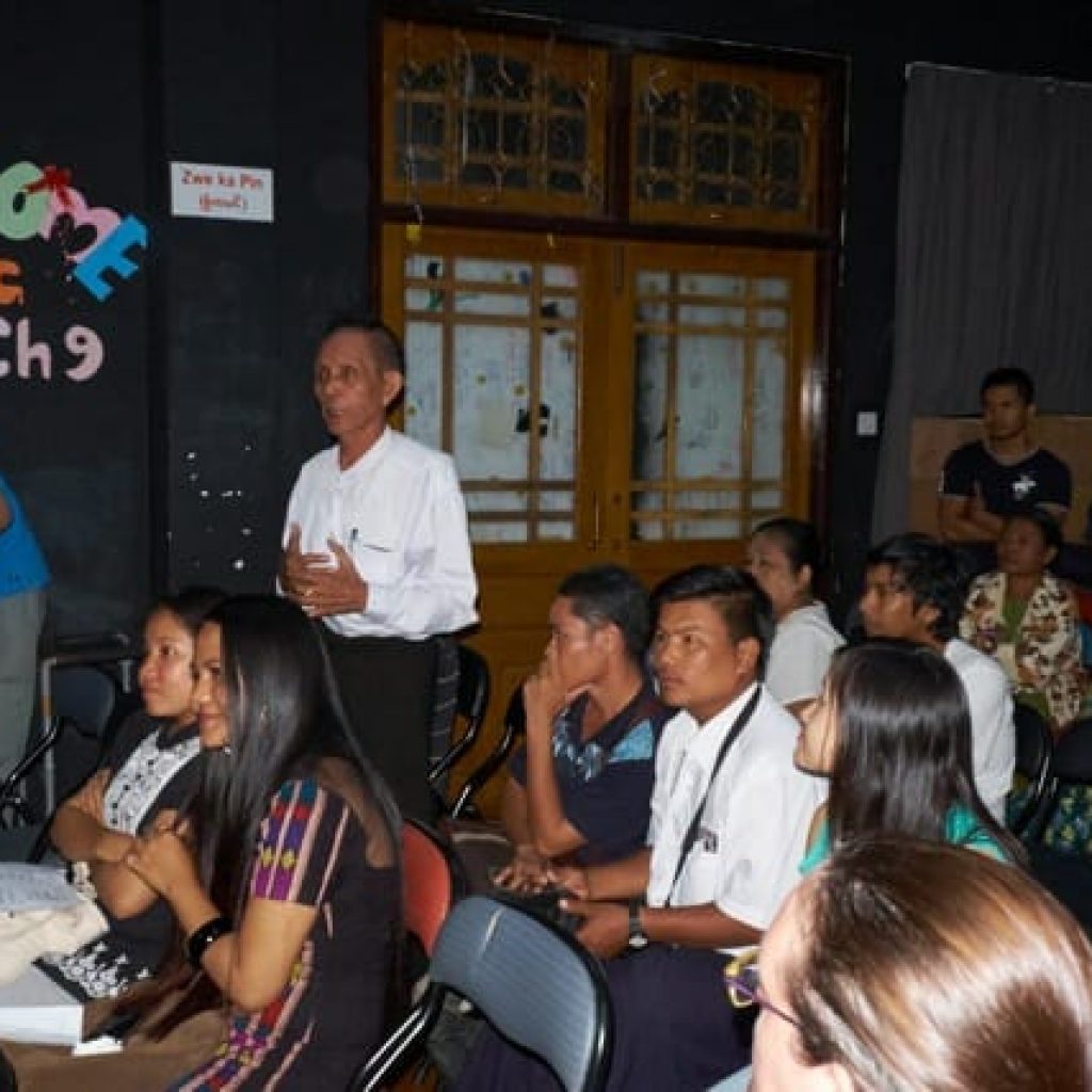 Thilawa Special Development Group leader U Mya Hlaing discusses how the videos made during EarthRights Exposures can help his community advocate for their rights during the inaugural EarthRights Exposures screening on December 4, 2015 in Yanon, Myanmar.