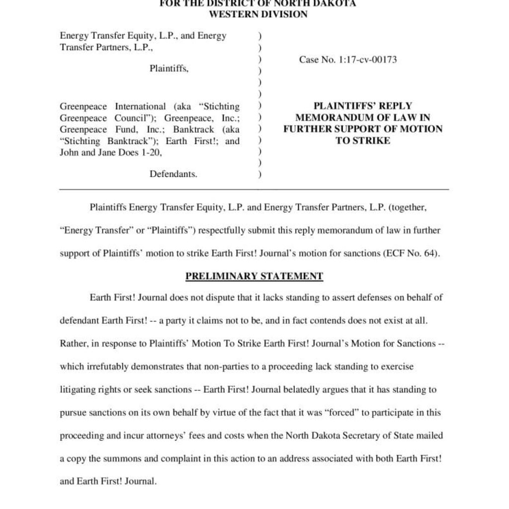 ETP Reply in Support of Motion to Strike Sanctions Motion March 2018 EarthRights International