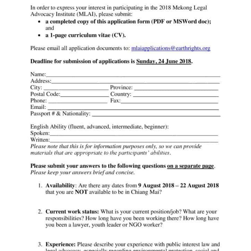 Mlai 2018 Application Form Draft Agenda Earthrights International