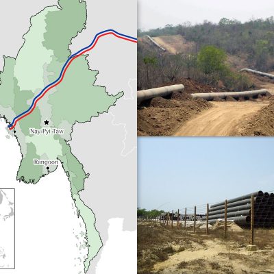 The Shwe natural gas and Myanmar-China oil transport projects. The pipelines will traverse sensitive marine ecosystems, dense mountain ranges, arid plains, rivers, jungles, villages and towns populated by ethnic Burmans and several ethnic nationalities along the pipeline’s path, over 700km, from Rakhine (Arakan) State through Magway and Mandalay Divisions, and northeast through northern Shan State to Yunnan, China. Resources transported through these pipelines will benefit consumers and industry in Yunnan and other western provinces in China and will supply the Myanmar government with multi-billion dollar revenues; little gas and no oil will be directed for domestic consumption in Myanmar.