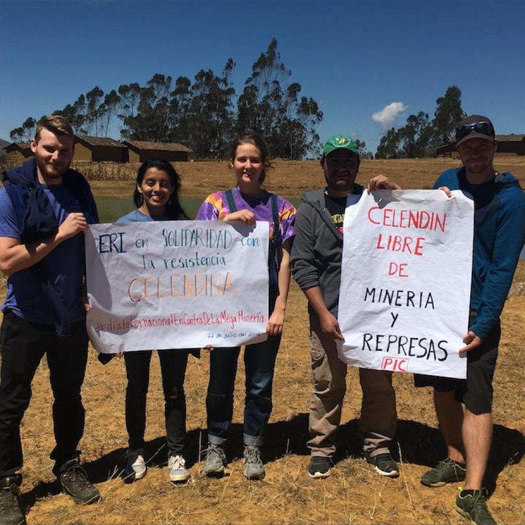 Ben Scrimshaw and his fellow ERI Amazon office interns Rosa Saavedra-Vanacore, Samantha Chomsky and Adam Haynie stand in solidarity with Plataforma Interinstitucional de Celendín (PIC) on the Global Day of Action Against Open Pit Mining.