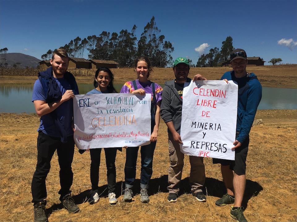  Ben Scrimshaw and his fellow ERI Amazon office interns Rosa Saavedra-Vanacore, Samantha Chomsky and Adam Haynie stand in solidarity with Plataforma Interinstitucional de Celendín (PIC) on the Global Day of Action Against Open Pit Mining.