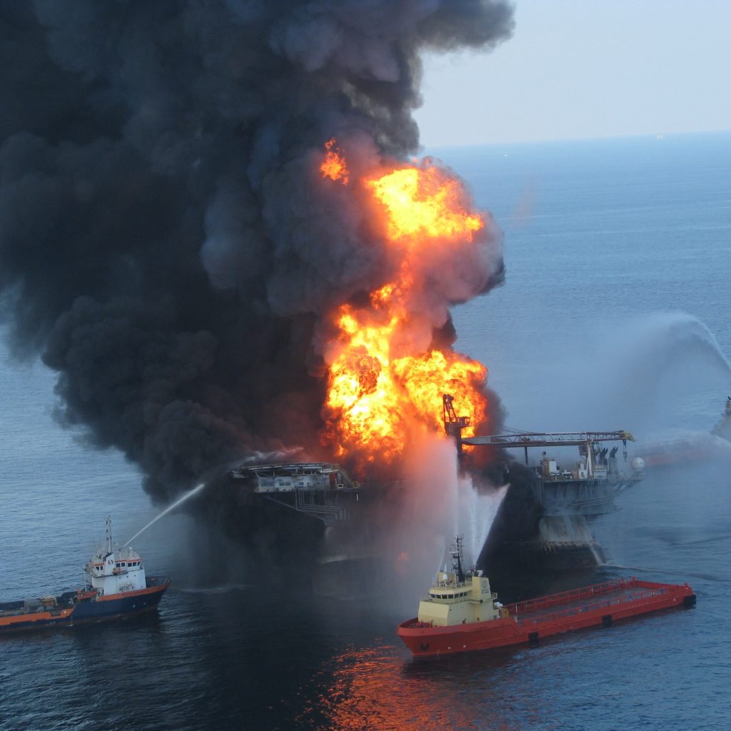 Fire raging on the Deepwater Horizon offshore oil rig, 21 April 2010