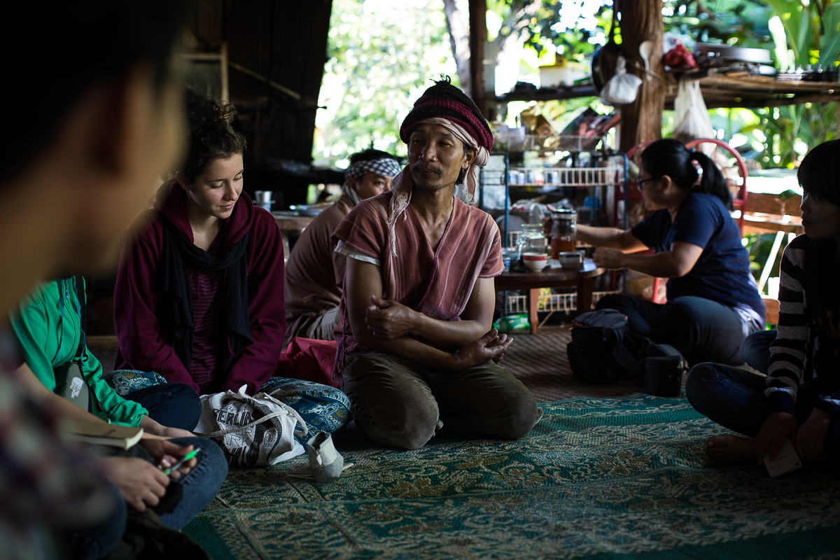 EarthRights School Mekong students meet community leaders in Nong Tao Village. Prue Odochao, the son of the community leader in Nong Tao Village, traveled to Europe to represent Thai indigenous communities.