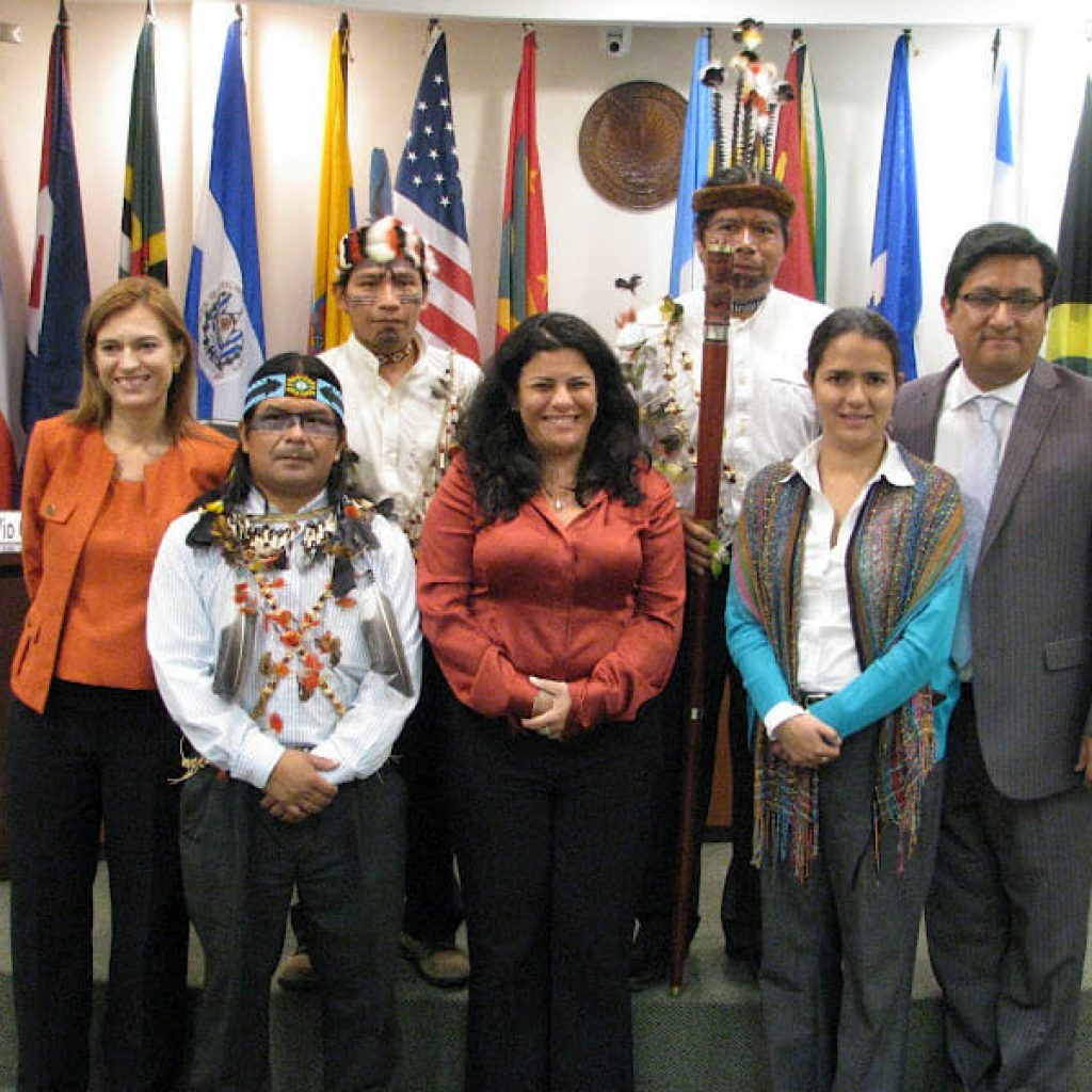 Leaders of Sarayaku with their lawyers and Luz Patricia Mejia of the Inter-American Commission of Human Rights (center)