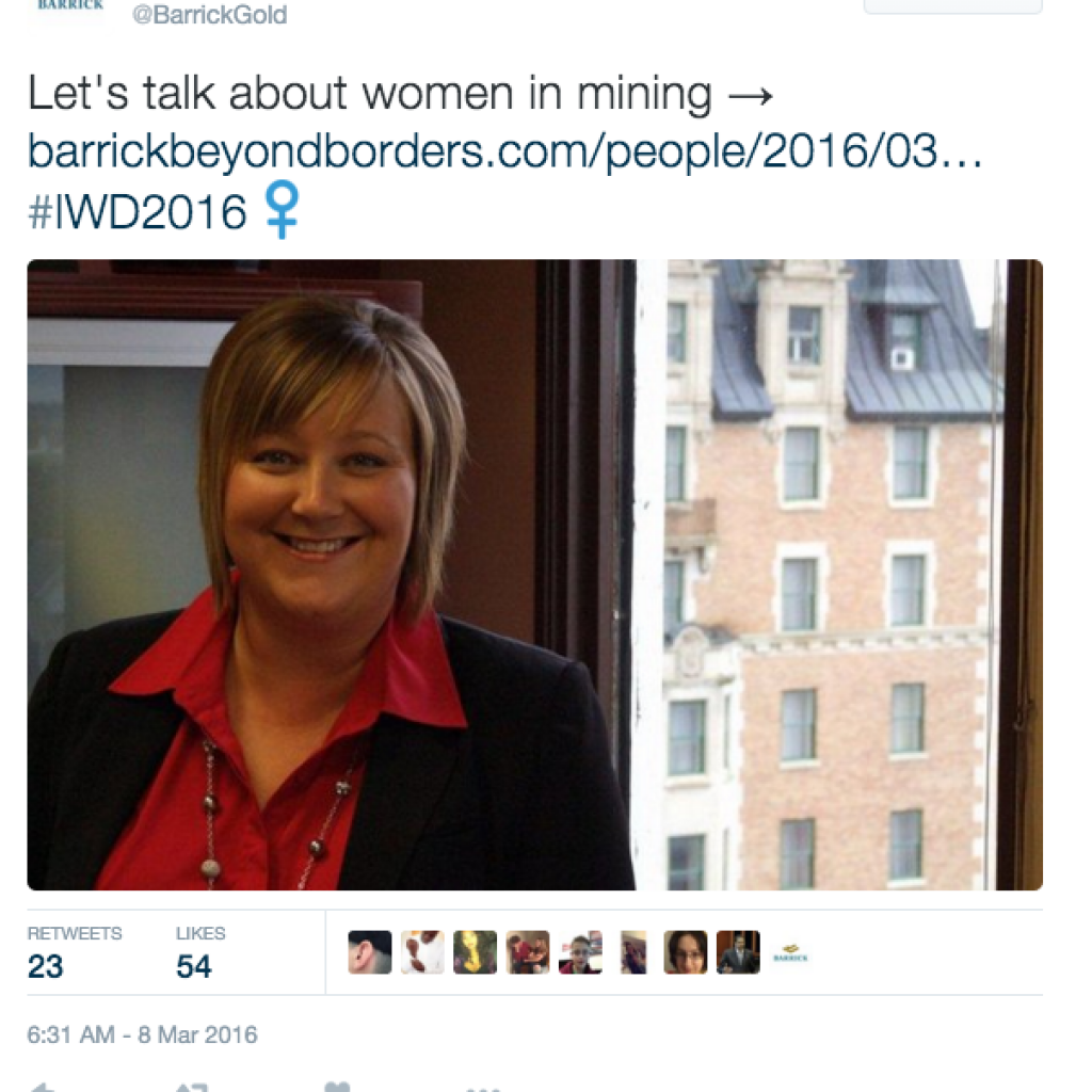 A tweet from Barrick Gold on International Women's Day