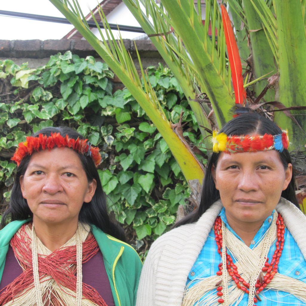 (Derecha) Alicia Cahuiya, vicepresidenta de la Organización de la Nacionalidad Huaorani del Ecuador  (ONHAE)  (Izquierda) Omari Yeti, dirigenta de territorios de la Organización de Mujeres Huorani del Ecuador (ONWAE)